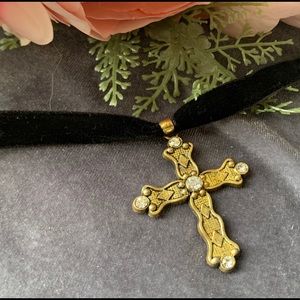 Gold Tone Cross & Black Velvet Choker